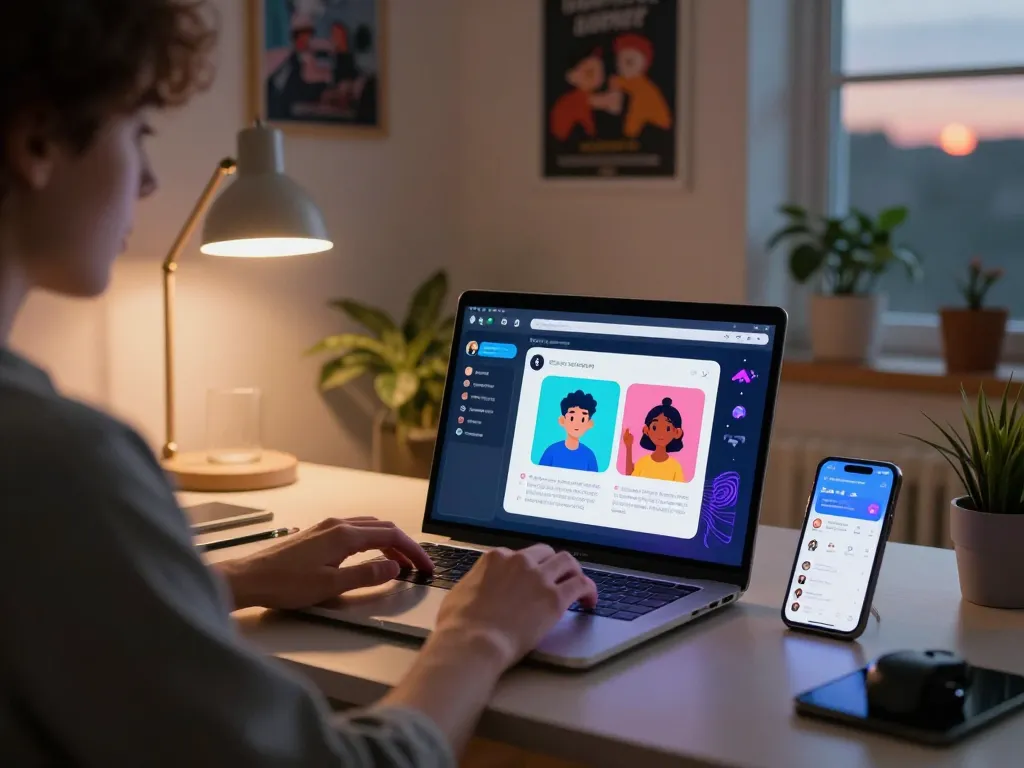 Interactive 18+ AI chat session in a stylish home office, showcasing digital avatars and modern tech.