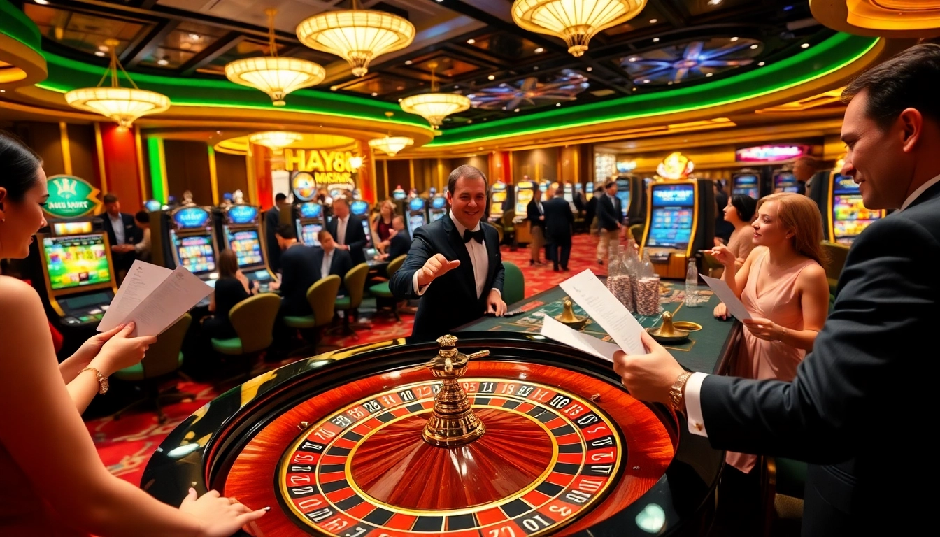 HAY88 players enjoying a thrilling moment at a luxurious roulette table in the casino.