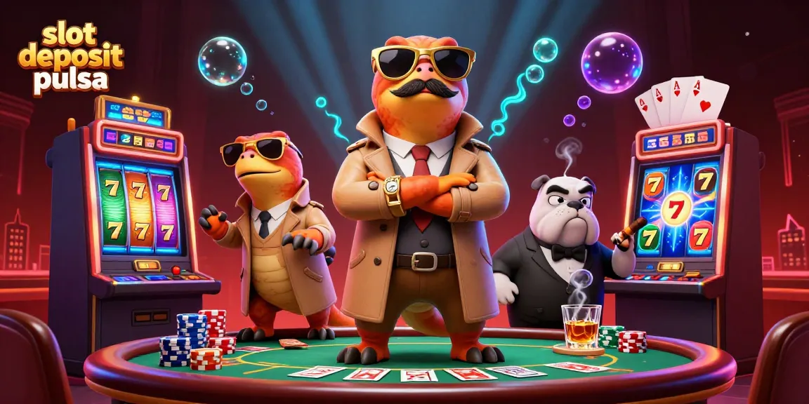 Slot deposit pulsa: Raptors 3D lucu dalam kasino, dengan layar slot cerah di latar belakang.