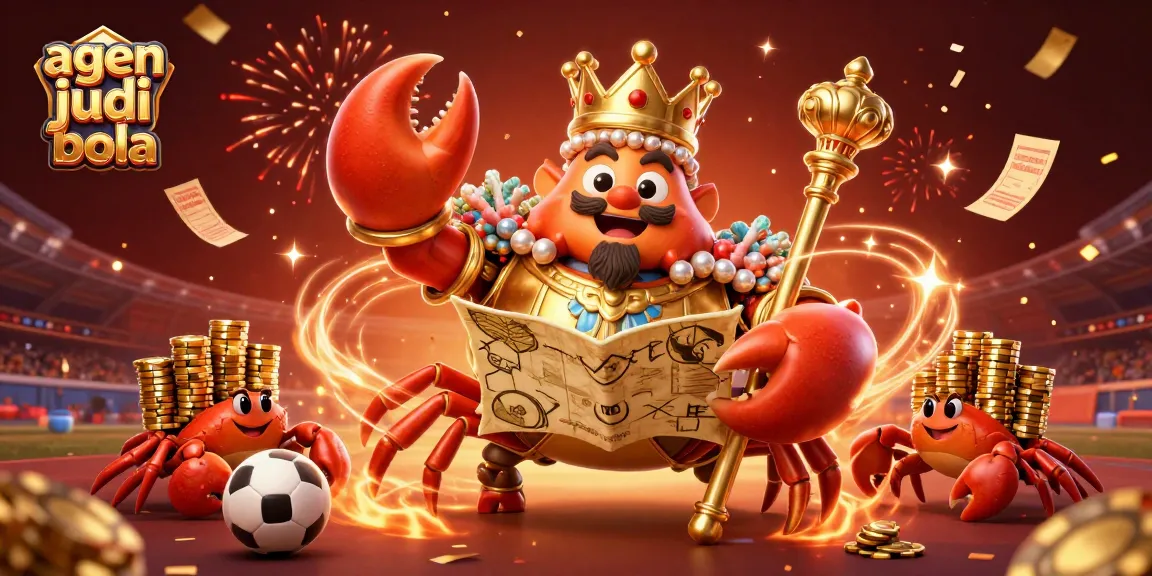 Engage with agen judi bola in a vibrant scene featuring a golden crab emperor, sports betting elements, and festive decorations.