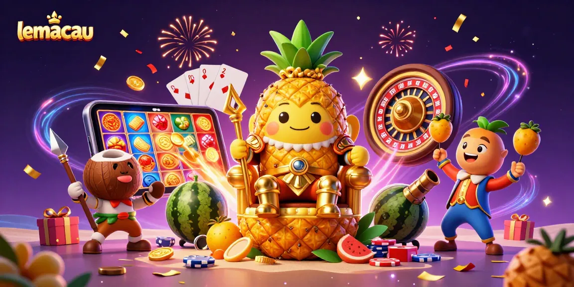 Lemacau showcases a vibrant live casino scene with a golden pineapple king and festive gaming elements.