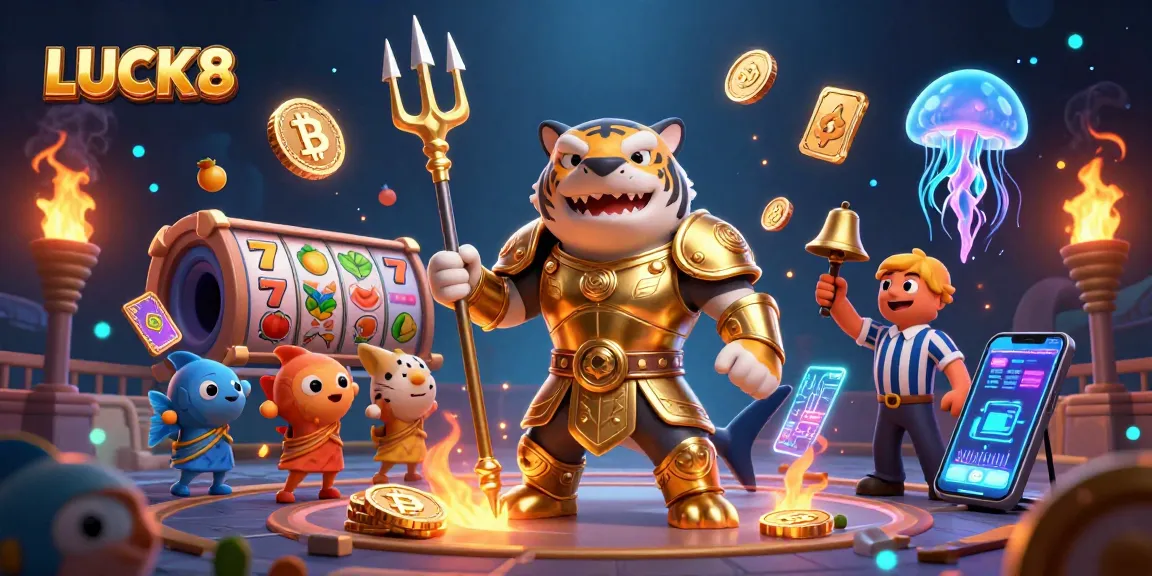 Experience LUCK8 in a vibrant underwater casino, filled with slot reels and crypto coins.