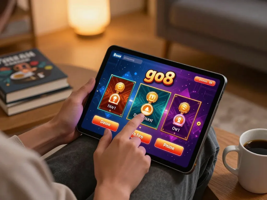 Player engaging with go8 online casino app on tablet in a cozy home setting, enjoying strategic gaming.