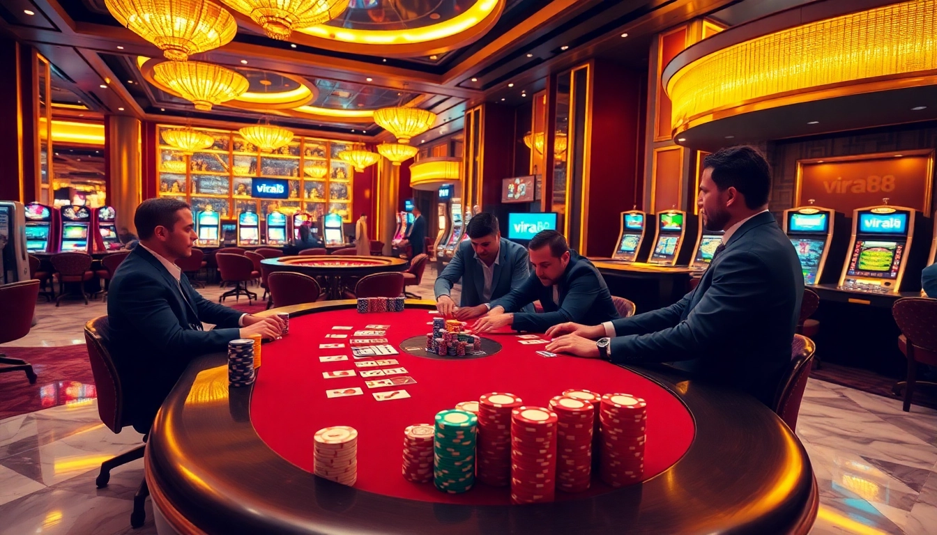 Players at a poker table in a luxurious casino, highlighting viral88 gaming excitement and professional atmosphere.