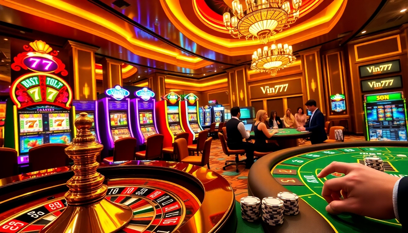 Vin777 players enjoying a thrilling casino experience with roulette and poker games.