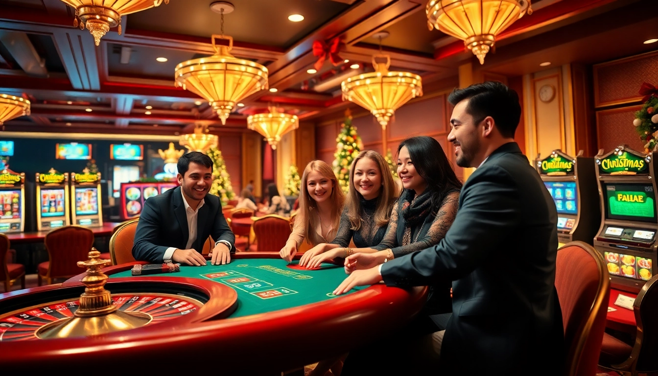 Players enjoying festive games at a luxurious casino as part of the 789wins1.net Christmas promotion.