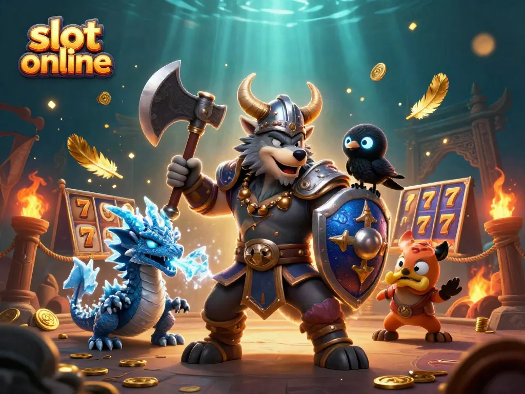 Rasakan keseruan bermain slot online dengan ilustrasi 3D karakter Viking, naga, dan burung gagak.