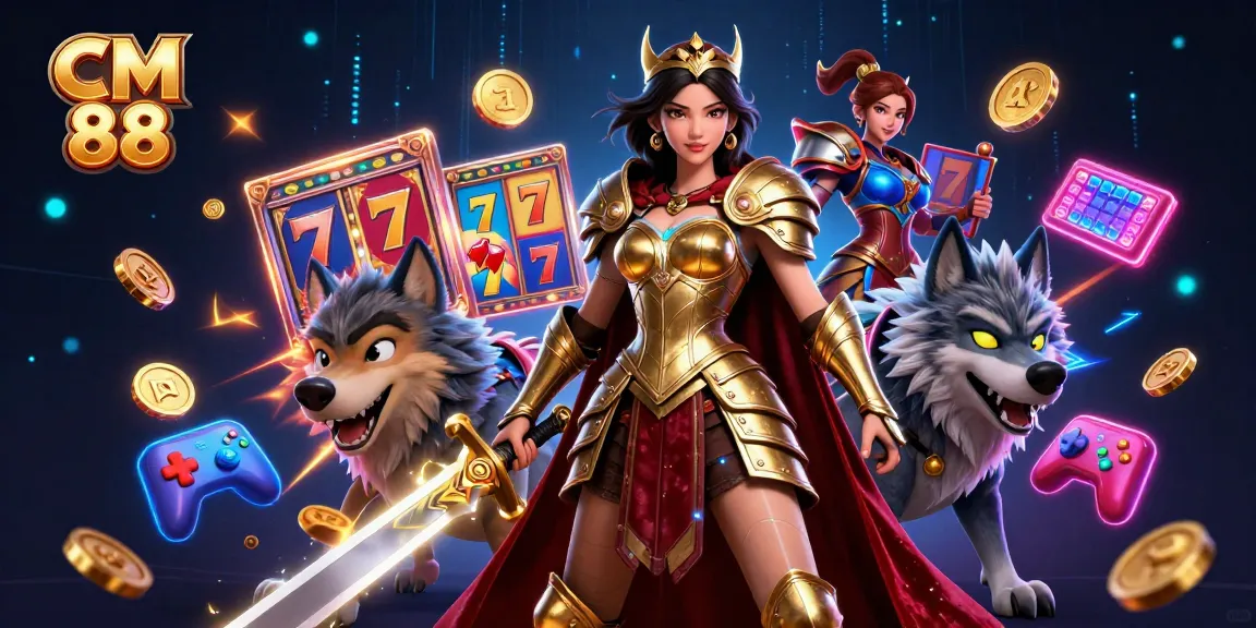Engage with CM 88 in a vibrant casino scene featuring exciting slot reels and a warrior queen.