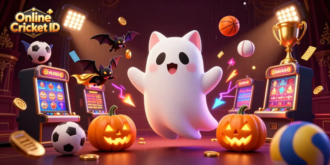 Engage with Online Cricket ID through a vibrant, dynamic scene featuring a friendly ghost cat and sports balls.