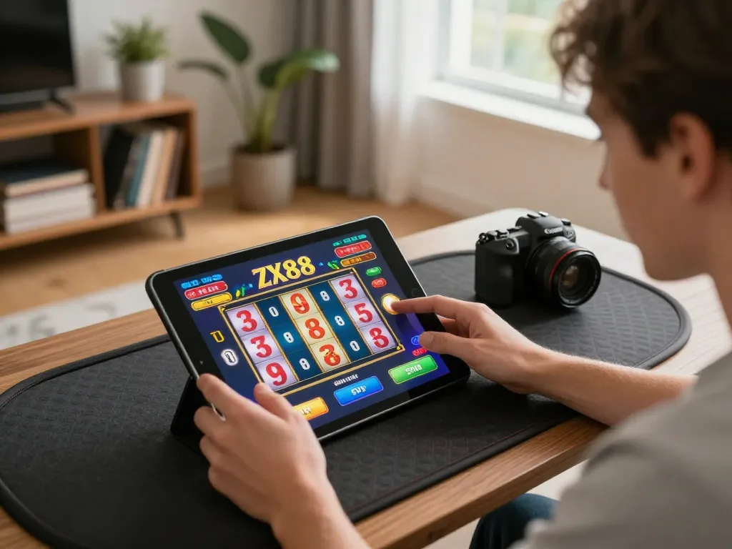 Engaged player spinning slots on ZX88 app, showcasing thrilling online gaming atmosphere