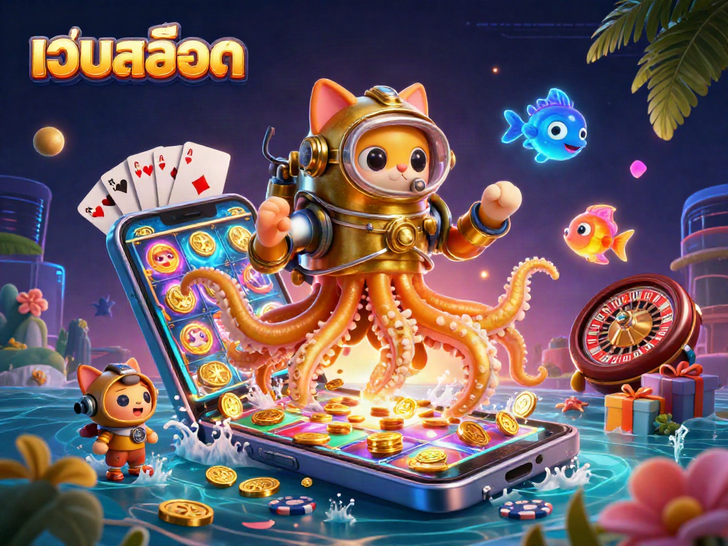 Experience incredible เว็บสล็อต action with a vibrant kraken, diving cat, and luminous fish in a slot game scene.