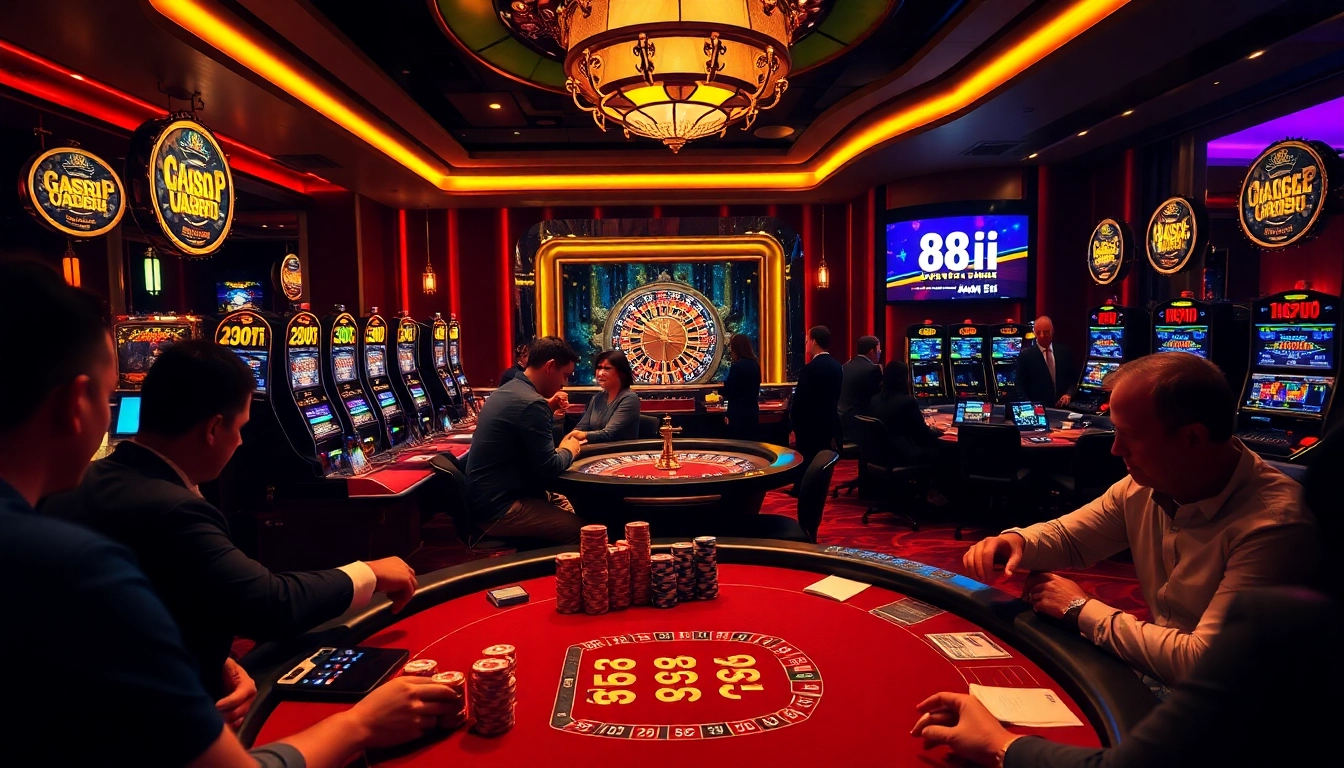 88i players enjoy a thrilling poker game at a luxurious casino table, filled with colorful chips and vibrant atmosphere.