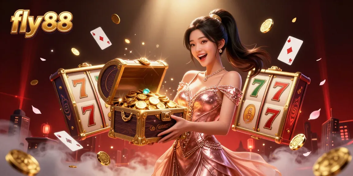 Experience thrilling wins at fly 88 with this vibrant casino illustration showcasing treasure and luck.