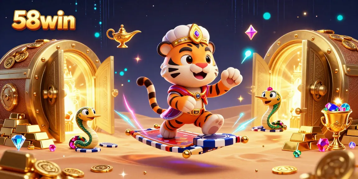 Engage in thrilling gameplay with 58win showcasing a magical sultan, poker chips, and treasure vault.
