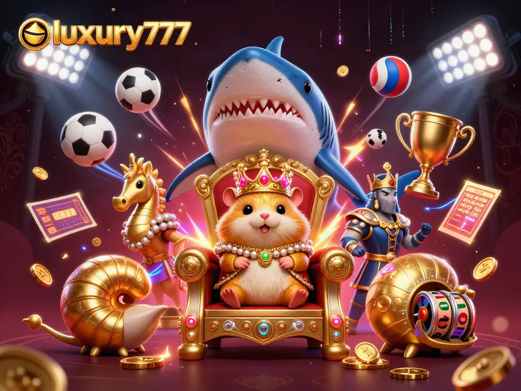 Experience the thrill of luxury777 online gaming with a golden hamster king amidst vibrant casino elements.