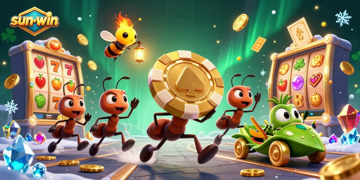 Engage in thrilling gaming at sun-win with a fun-filled heist scene featuring ants and vibrant casino elements.
