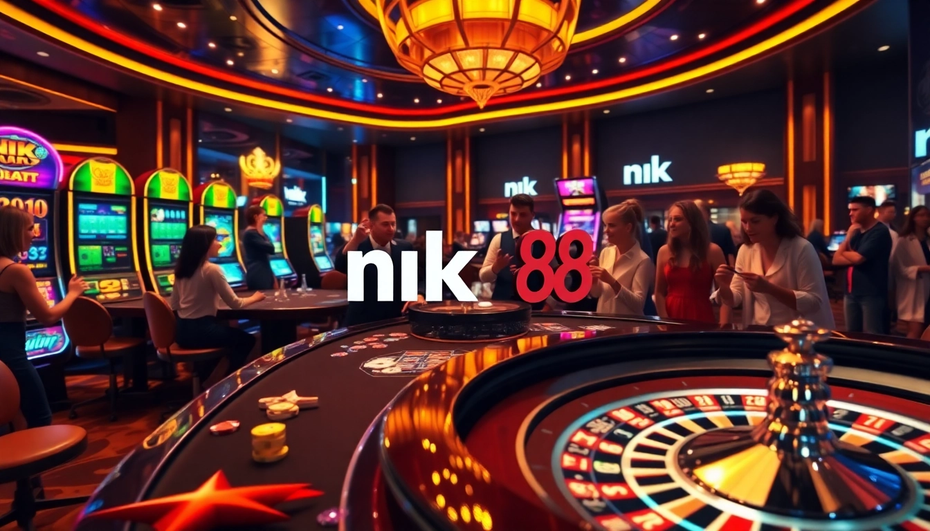 Players enjoying engaging games at nk 88 casino, surrounded by vibrant slot machines and a roulette wheel.