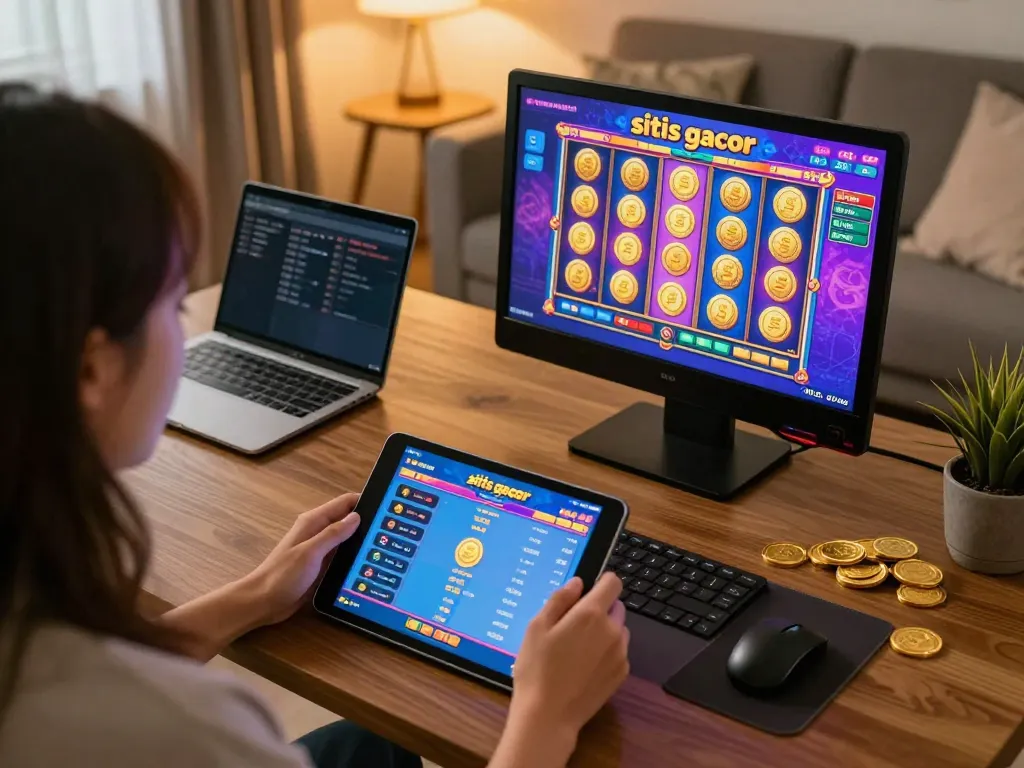 Situs gacor online gaming atmosphere with engaging slot machine action from a tablet