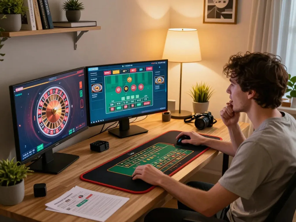 Player at home engaging with king33 online games, analyzing strategies on multiple screens in a cozy setup.