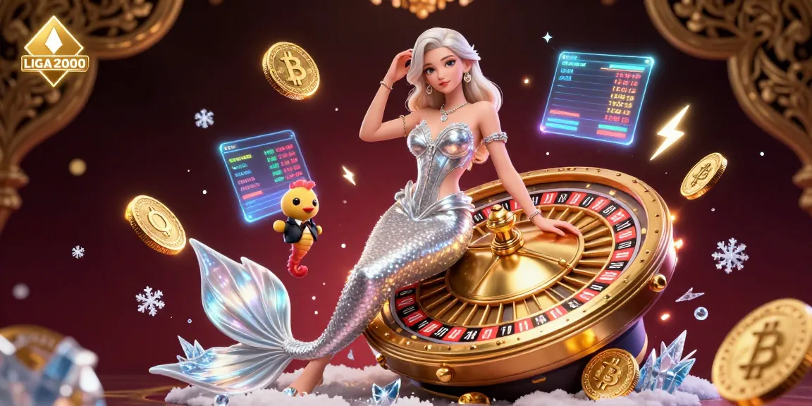 LIGA2000 memutar roda roulette emas di tengah koin Bitcoin dan Ethereum dalam suasana kasino yang hidup.