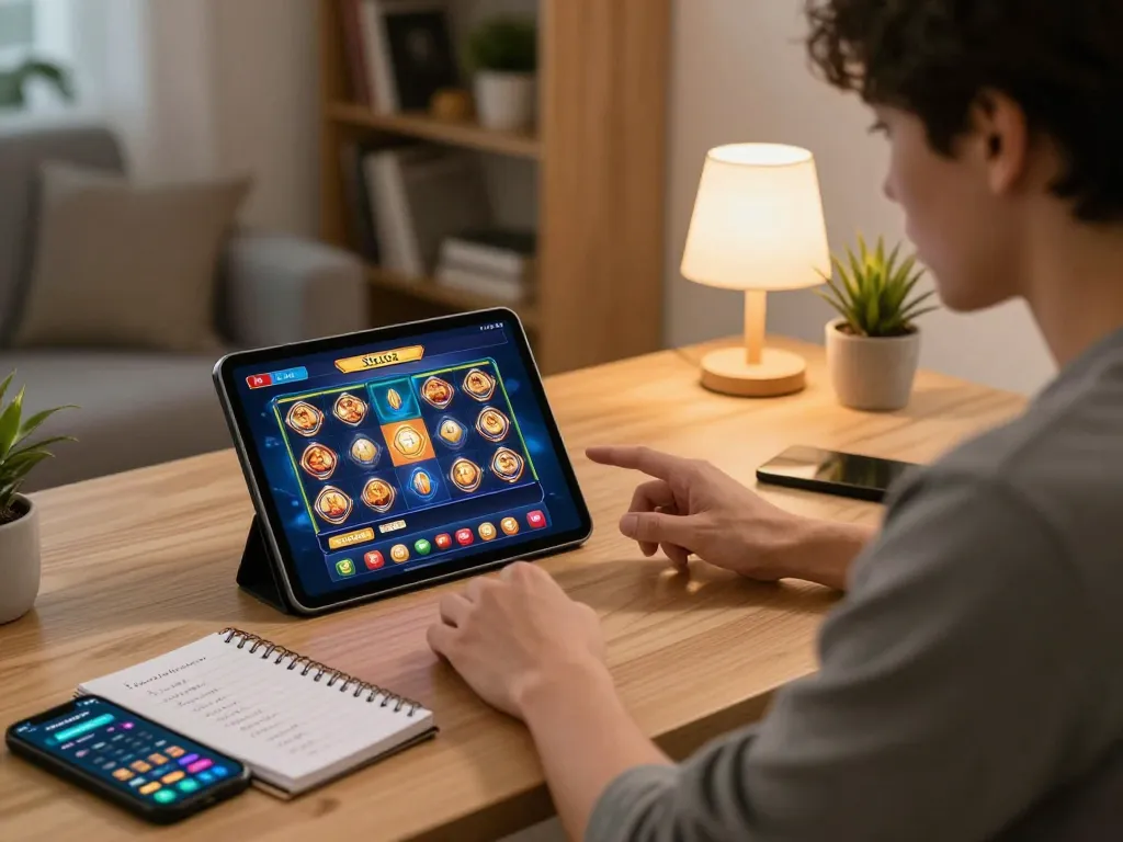 situs slot online gaming interface shown on tablet during a focused player session at home