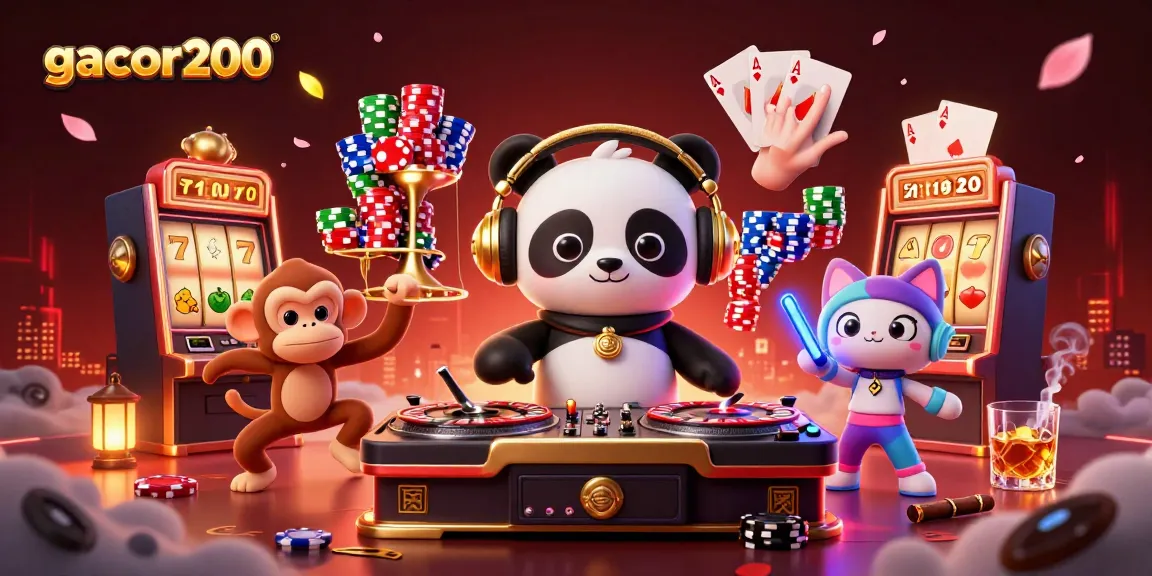 Engage in vibrant gaming at gacor200 with a lively 3D scene featuring animated characters and slots.