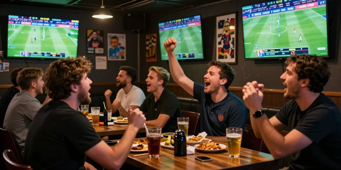 Fans enjoying the excitement of betting on OPEN88 during a live football match at a sports bar.