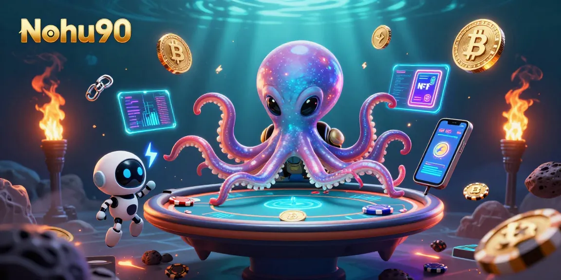 Nohu90: Engaging in an exciting poker game with a cosmic octopus and its robot companion.