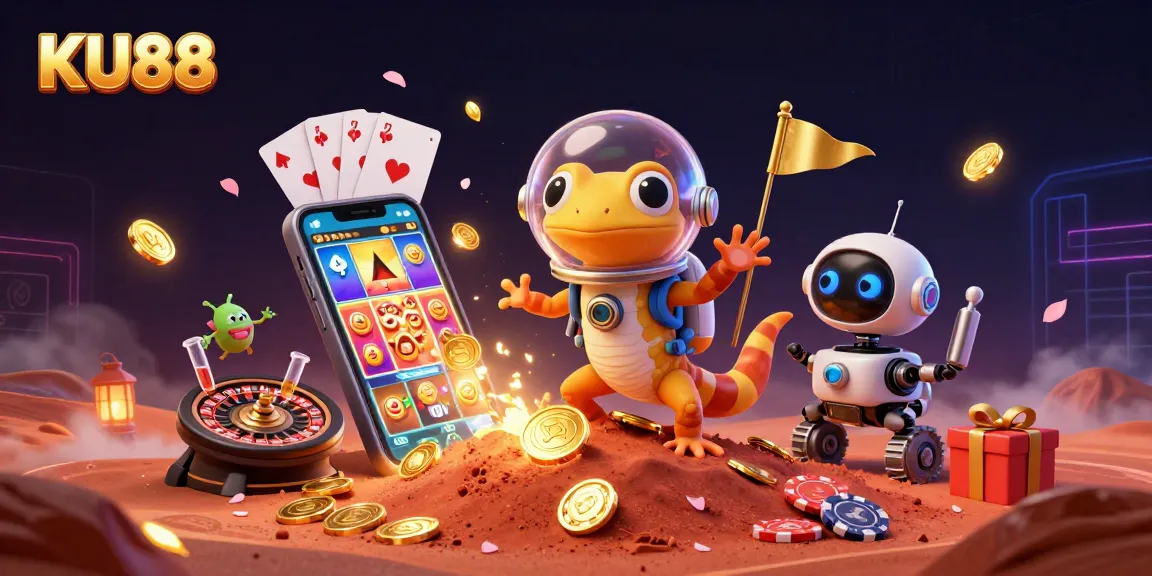 Experience the thrill of KU88 with a vibrant illustration of a Martian gecko in a casino adventure.