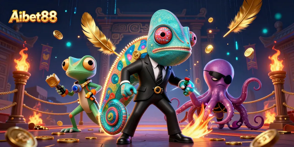 Aibet88 showcases a vibrant casino scene with 3D characters and dynamic gambling elements.