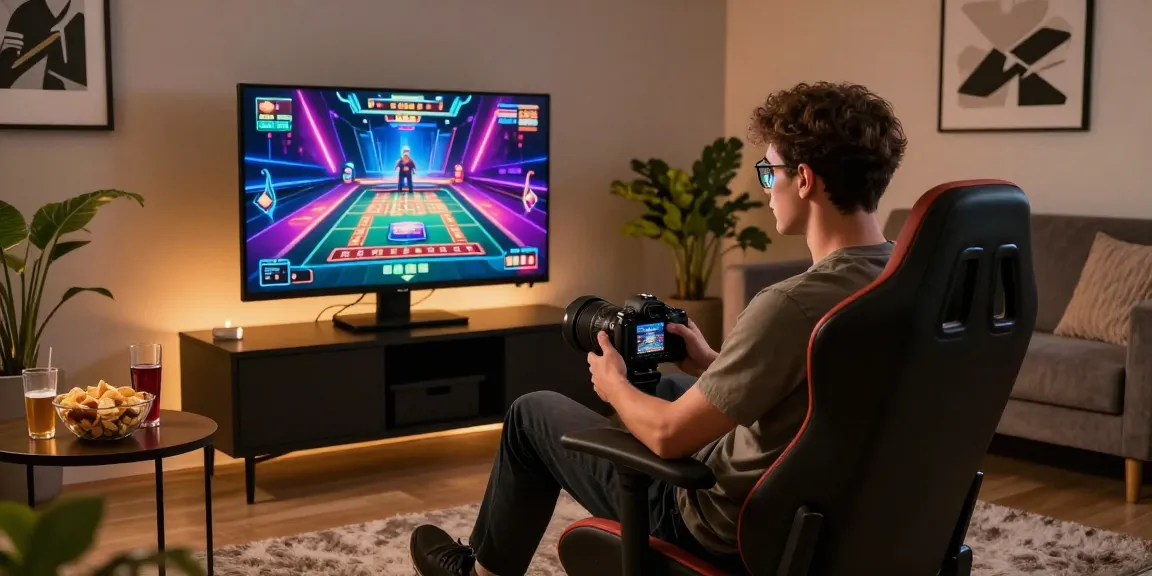 Engaging player at a credit card casino online, enjoying vibrant game graphics in a cozy living room setting.
