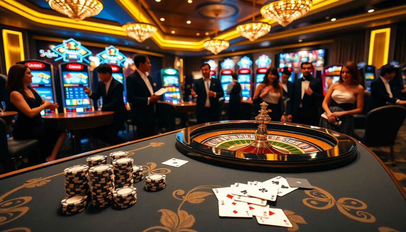 Players immersed in a thrilling gambling experience at https://1haywin.us.com/ with poker chips and luxury decor.