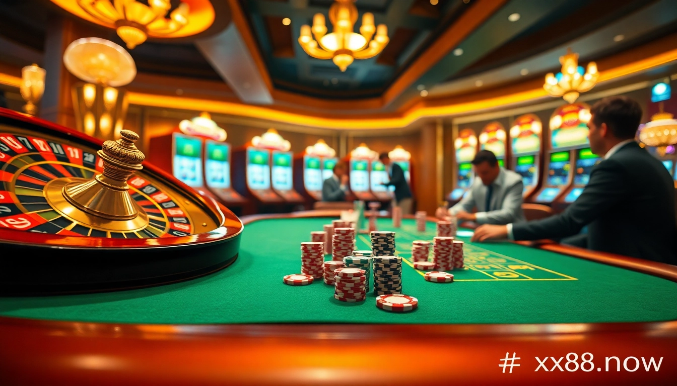 Experience thrilling games and excitement at https://xx88.now/, featuring poker chips and roulette wheel.