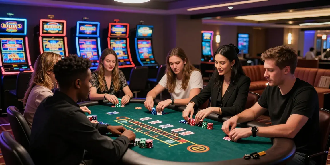 Experience the excitement of Betebet at a live casino with friends, engaging in blackjack under vibrant lighting.