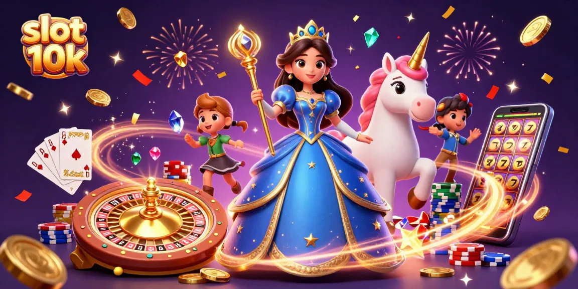 Spin the slot 10k reels for big wins surrounded by colorful casino elements and festive magic.