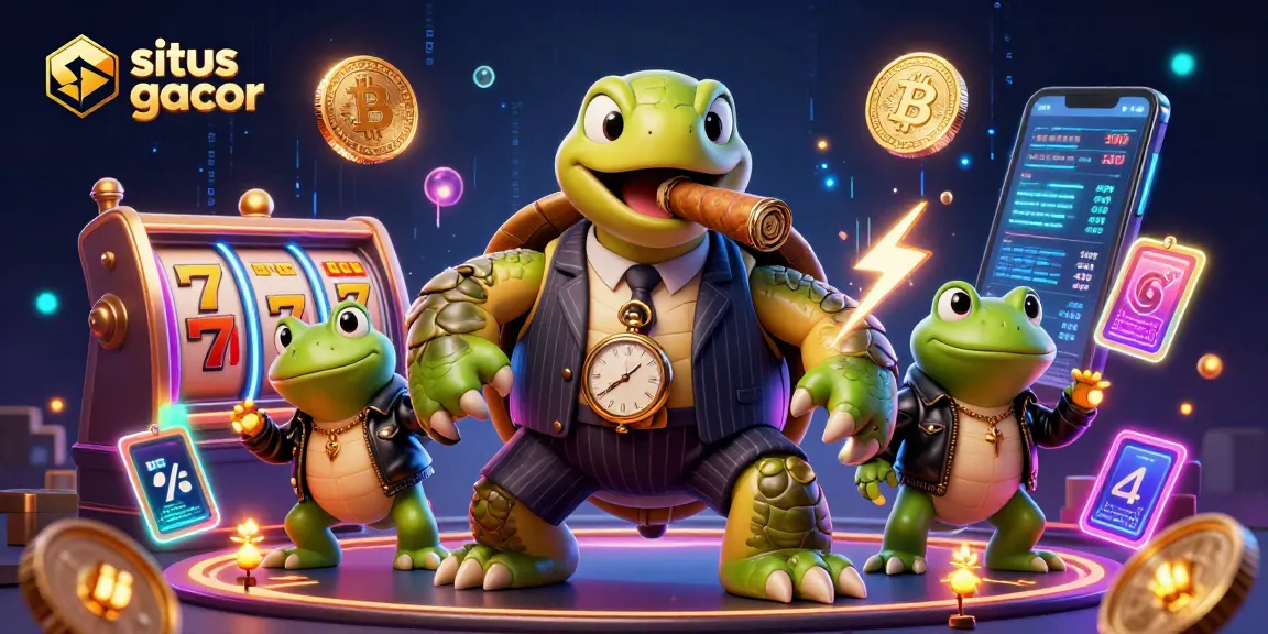 Engage in thrilling gameplay at situs slot gacor with vibrant characters, neon accents, and classic slot elements.