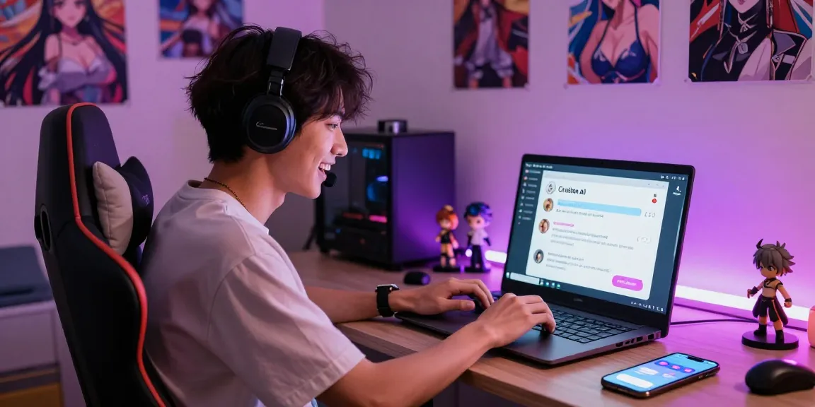 Youthful adult enjoying a hentai AI chat on a laptop in a cozy bedroom setting with anime decor.