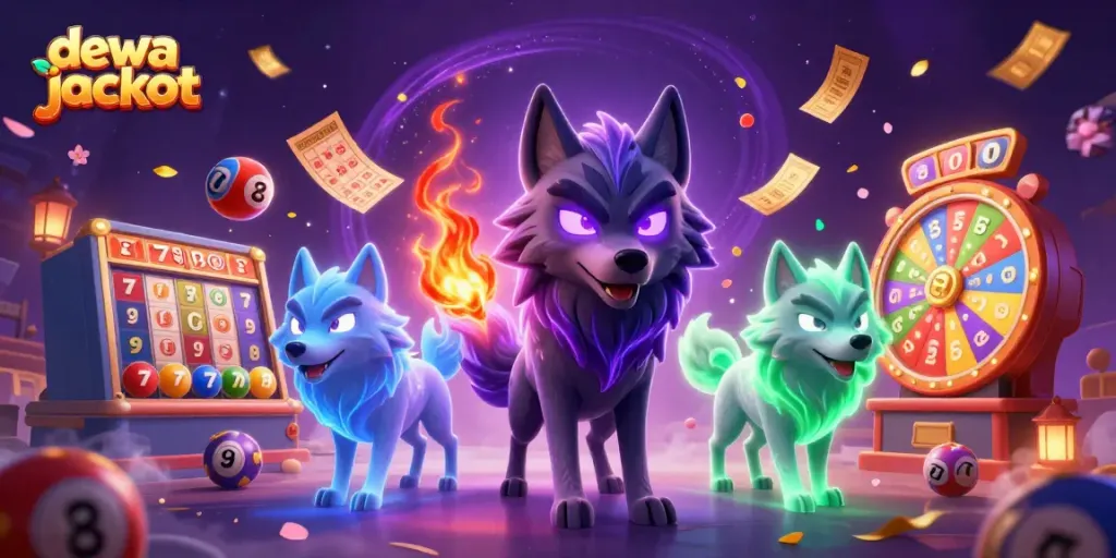 Menggandakan keseruan dengan dewa jackpot, ilustrasi kasino 3D menggambarkan pemimpin serigala dengan efek energi spektral dikelilingi elemen permainan.