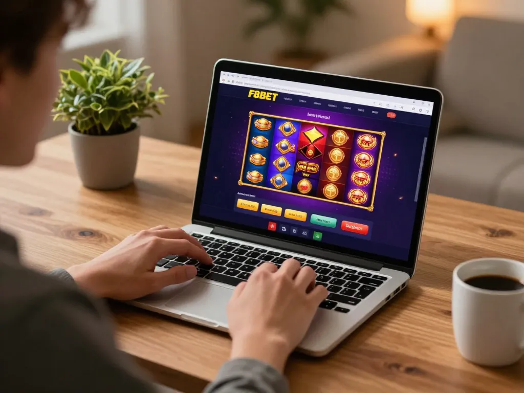 Experience F8BET online casino gaming with a player engaged in vibrant slot games.