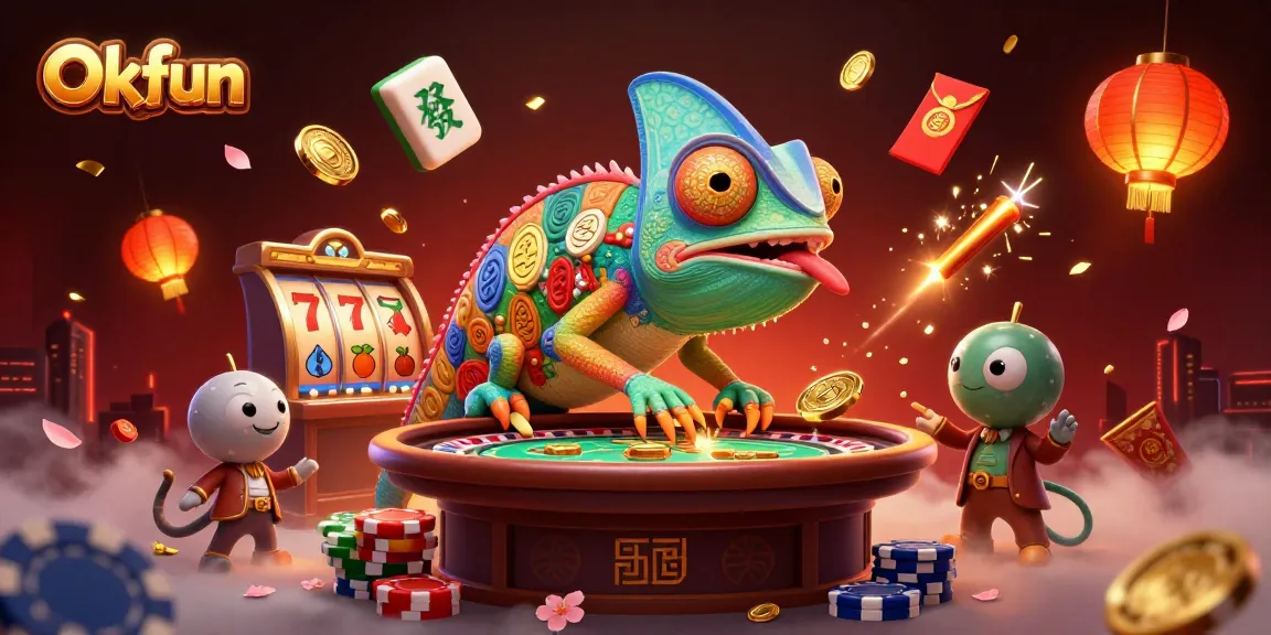 Experience thrilling games with Okfun's vibrant casino scene, featuring a colorful chameleon casino owner amidst dynamic gaming elements.