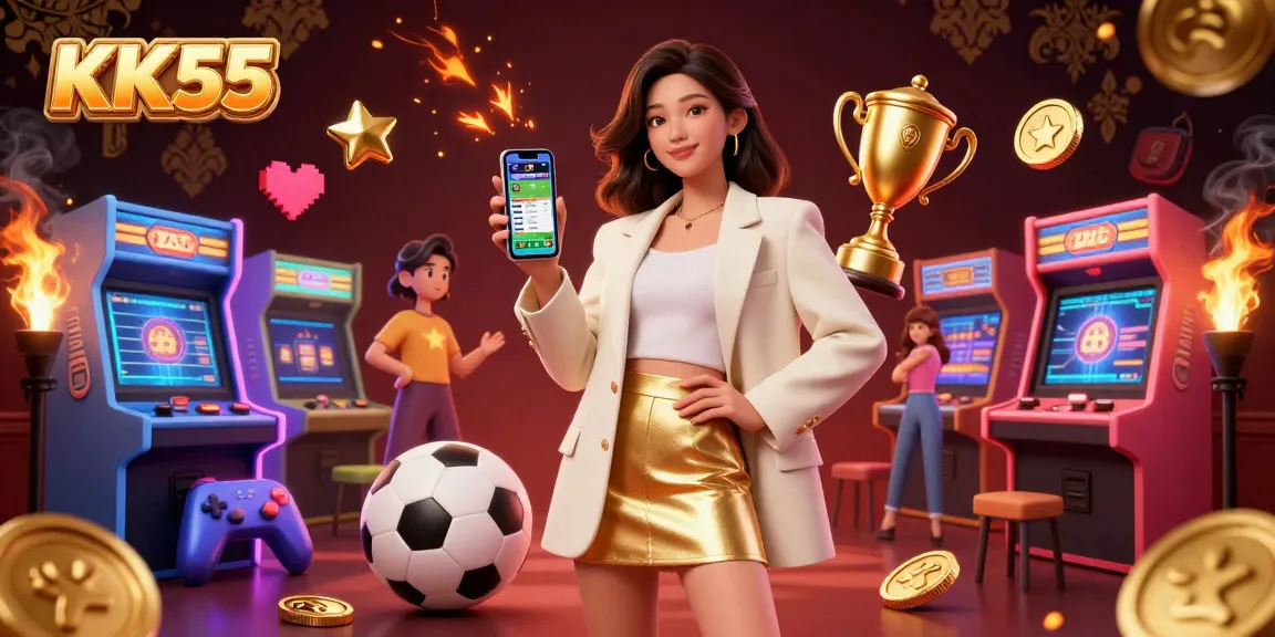 Engage with KK55 casino as a beautiful Asian woman uses a sports betting app amidst vibrant gaming elements.