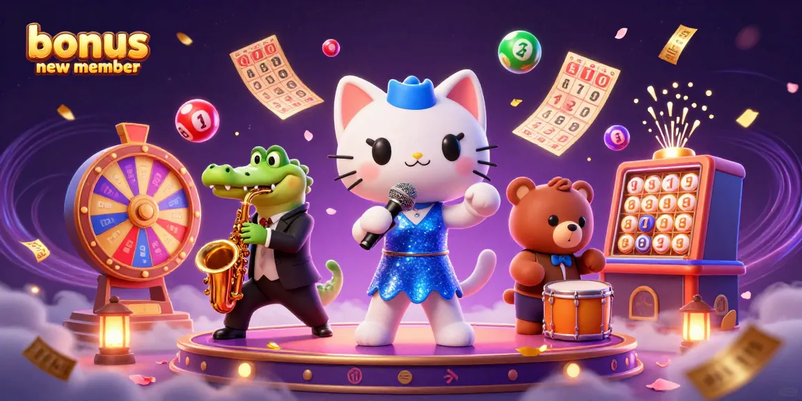 Engage with the bonus new member offer through a vibrant casino scene featuring lively characters and games.