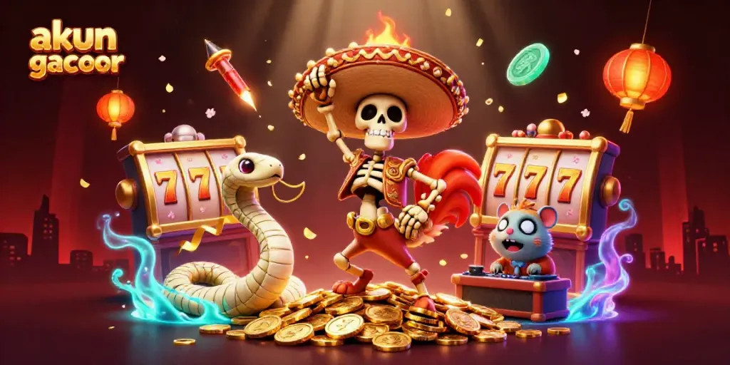 Engage with akun slot gacor as a skeleton mariachi rooster dances on coins alongside a mummy snake and zombie hamster DJ.