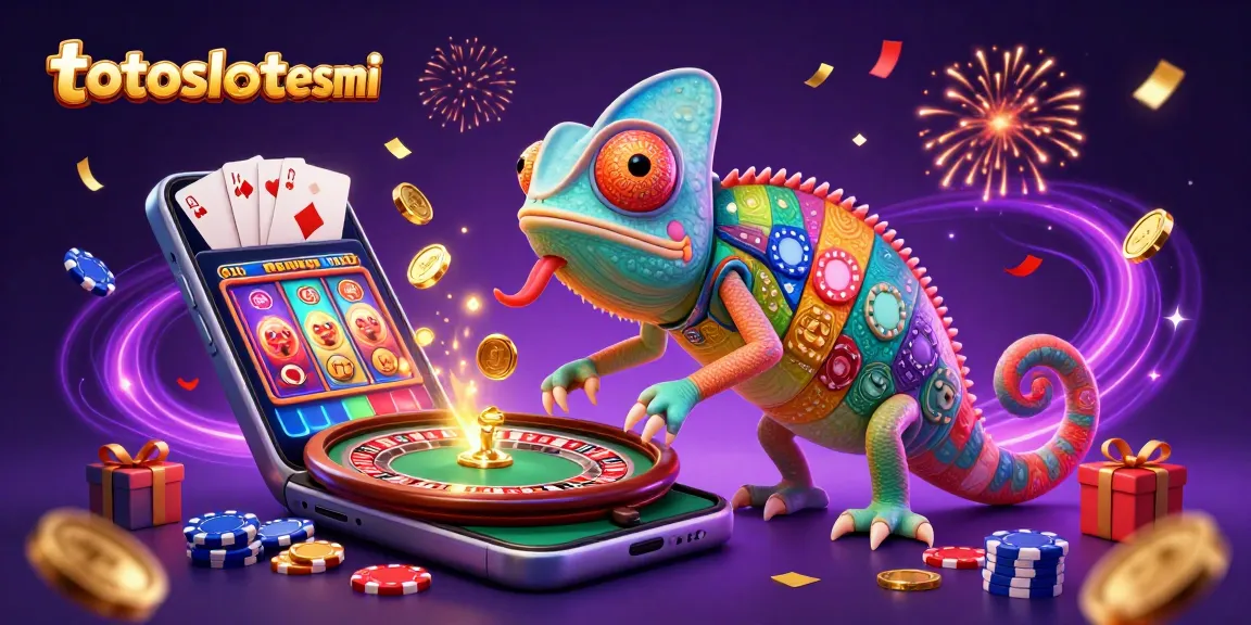Experience big wins with totoslotresmi under a colorful chameleon casino owner, spinning slots and golden coins