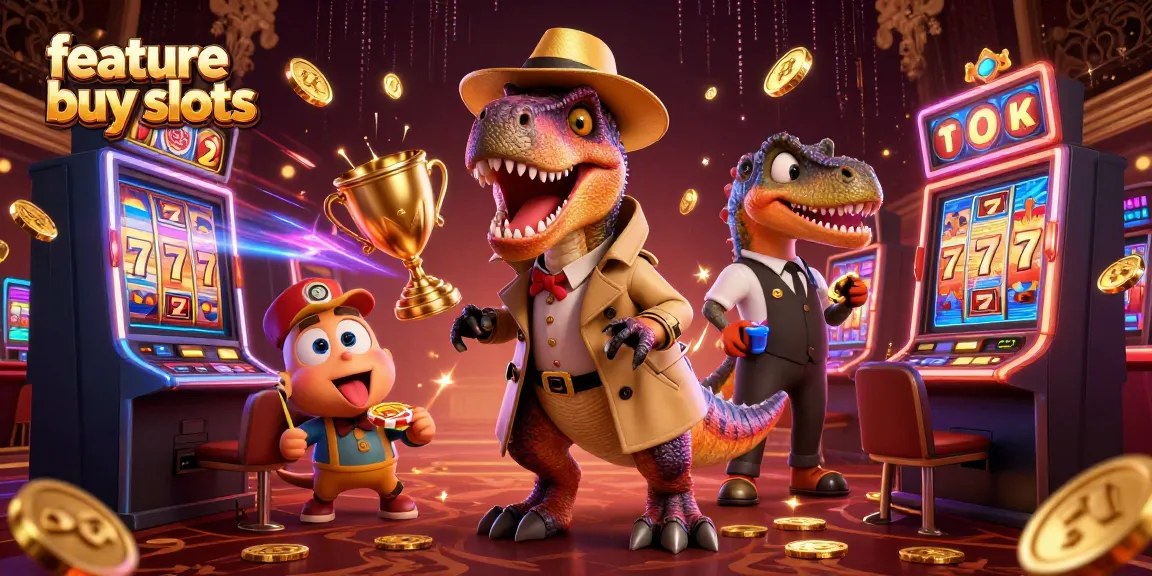Engage with feature buy slots in an exhilarating 3D casino scene with cartoon dinosaurs.