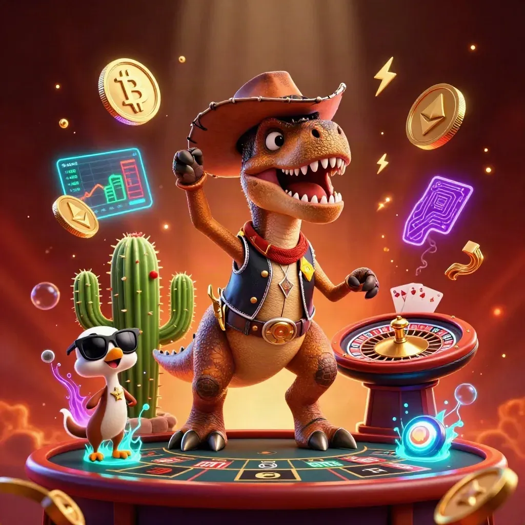 Cowboy T-Rex, cactus sidekick, and roadrunner amid neon coins, cards, and casino sparks.