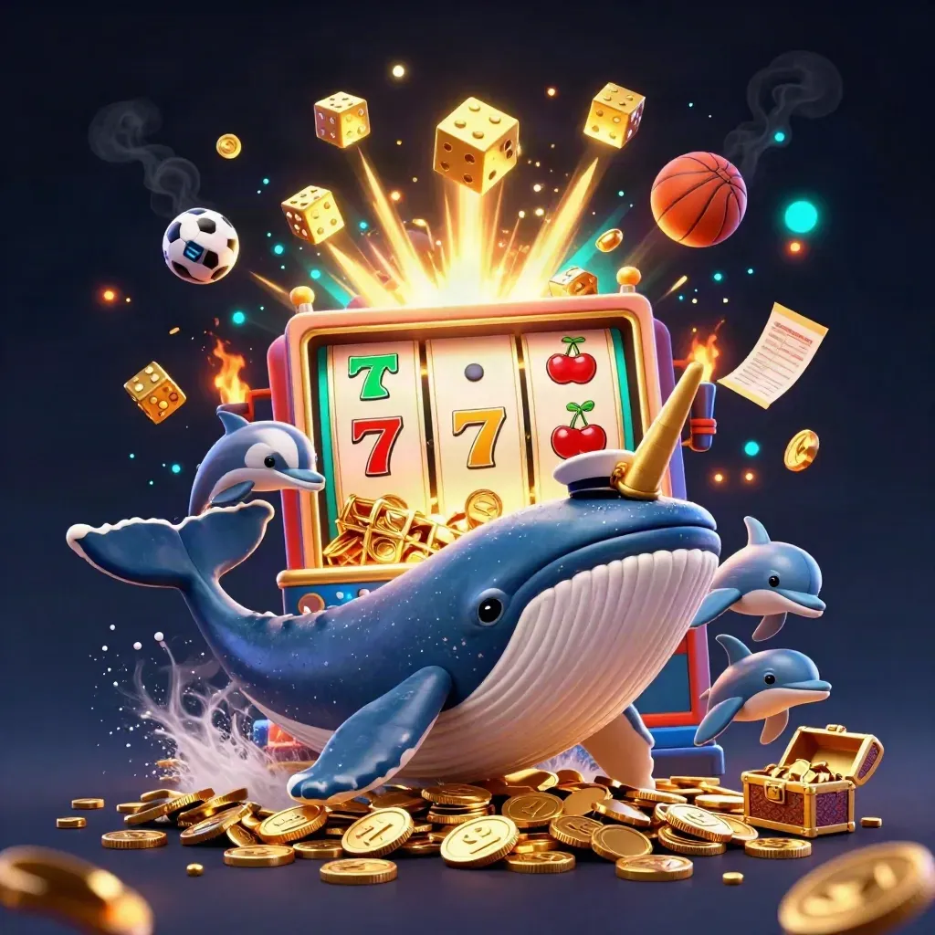 Whale, narwhal and dolphins burst through coins with casino props in neon dark navy light.