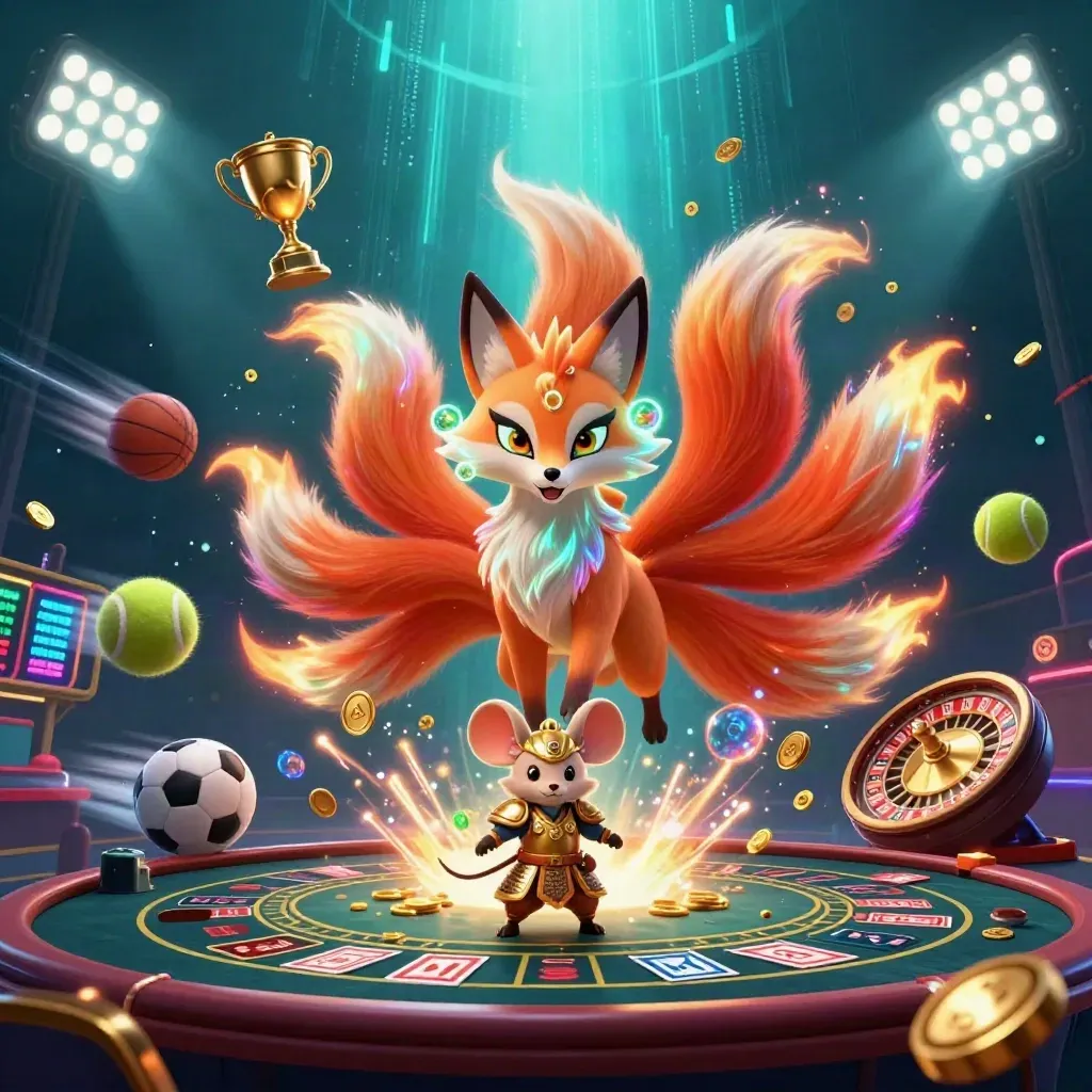 Fox spirit and armored mouse amid casino magic, sports balls, trophy, coins, and a glowing blackjack table.