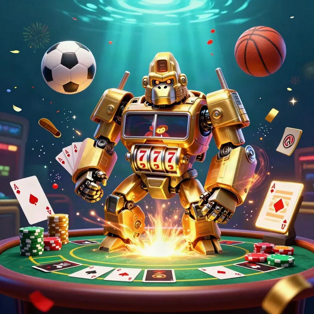 Golden gorilla slot-mech, monkey pilot, poker chips and flying soccer ball in neon casino light