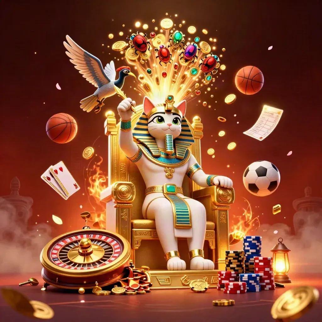 Pharaoh cat, ibis scribe, and scarab beetles amid casino coins, cards, chips, and sports props.